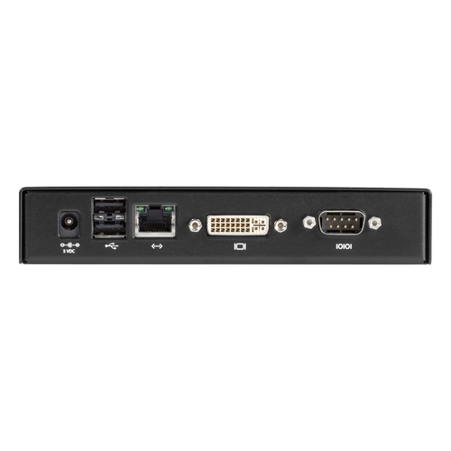 Black Box Emerald SE EMD2000SE-R KVM-over-IP receiver back view showing four USB Type-A female ports for keyboard, mouse and peripherals, RJ45 network port, DB9 serial connector (future use), two 3.5mm audio jacks for speaker and microphone