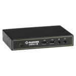 Black Box Emerald SE EMD2000SE-R KVM-over-IP receiver front view with single DVI-D output port, front-panel power LED indicator, and 2.5mm barrel power connection