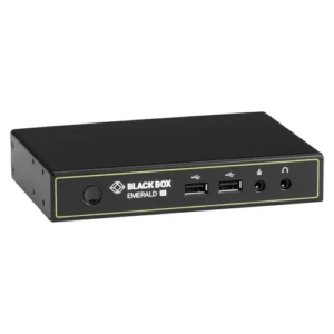 Black Box Emerald SE EMD2000SE-R KVM-over-IP receiver front view with single DVI-D output port, front-panel power LED indicator, and 2.5mm barrel power connection