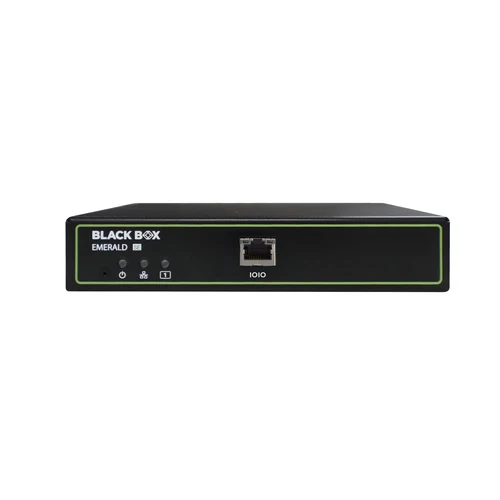 Black Box Emerald SE EMD2000SE-T-R2 KVM-over-IP transmitter front view with single DVI-D input port, USB Type-B female connector for host computer, and activity LED indicators