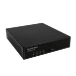 Black Box Emerald SE EMD2002SE-DP-T KVM-over-IP transmitter front view with dual DisplayPort video inputs, USB Type-B host port, 3.5mm audio input, and LED indicators