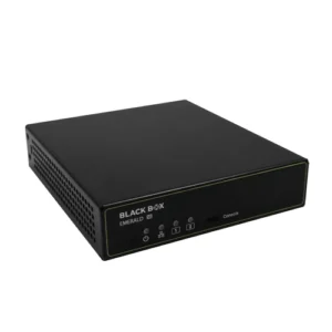 Black Box Emerald SE EMD2002SE-DP-T KVM-over-IP transmitter front view with dual DisplayPort video inputs, USB Type-B host port, 3.5mm audio input, and LED indicators