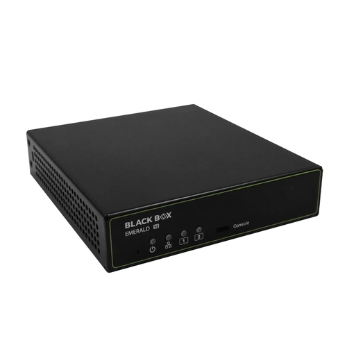Black Box Emerald SE EMD2002SE-DP-T KVM-over-IP transmitter front view with dual DisplayPort video inputs, USB Type-B host port, 3.5mm audio input, and LED indicators