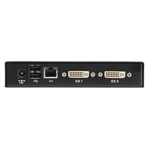 Black Box Emerald SE EMD2002SE-R KVM-over-IP receiver back view showing dual network interfaces (RJ45 1Gbps and SFP fiber slot), 3.5mm audio jacks, and locking power connector