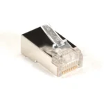 Black Box FMTP5ES-100PAK CAT5e shielded modular plug 100-pack front view showing shielded RJ45 connector design with 8 conductors for Cat5e termination