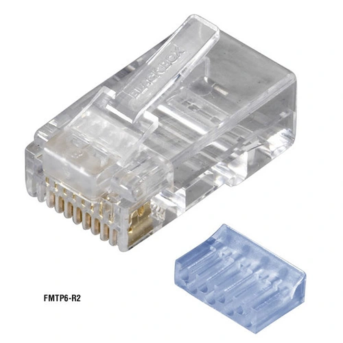 Black Box FMTP6-R2-100PAK CAT6 modular plug 100-pack front view showing RJ45 connector design for Cat6 termination