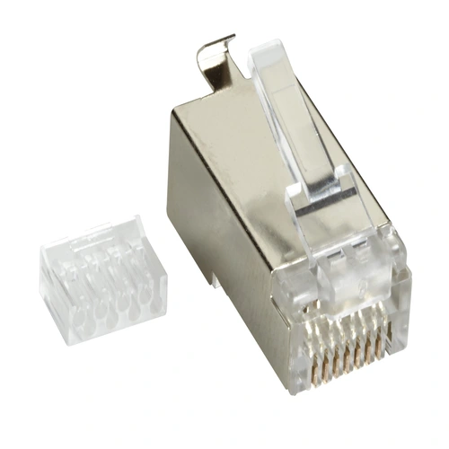 Black Box FMTP6S-100PAK CAT6 shielded modular plug 100-pack front view showing shielded connector design for Cat6 terminations