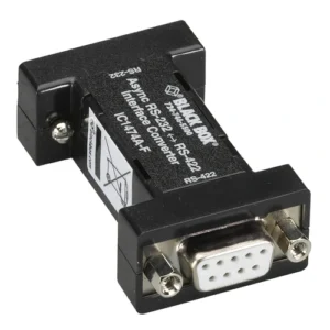 Black Box IC1474A-F async RS232 to RS422 interface converter front view showing DB9 female connectors and compact form factor for serial communication conversion