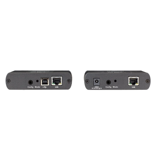 Black Box IC400A-R2 USB 2.0 extender back view with remote extender module featuring 4 USB Type-A ports, RJ45 connection, and DC 24V 3A power input delivering 600mA to each of the 4 ports when all ports are in use
