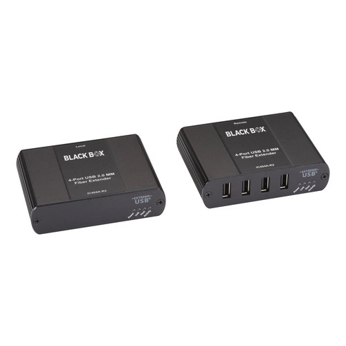 Black Box IC404A-R2 USB extender front view with fiber connector and link status LED indicators