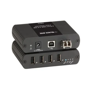Black Box IC406A-R2 USB extender front view with single SC single-mode fiber connector and link status LED indicators
