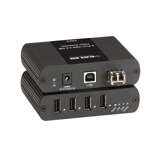 Black Box IC406A-R2 USB extender front view with single SC single-mode fiber connector and link status LED indicators