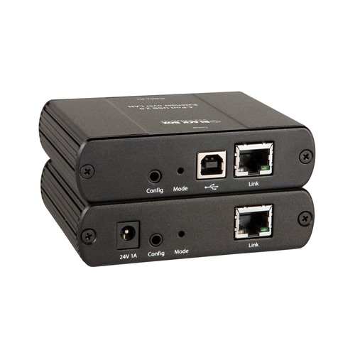 Black Box IC408A-R2 USB 2.0 extender back view with remote extender module featuring 8 USB Type-A ports and power input for connecting up to 8 USB devices at remote location
