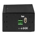 Black Box ICI207A industrial-grade USB hub back view with USB Type B upstream port, terminal block power input, locking barrel plug power connector, and DIN rail mounting interface