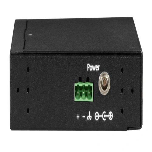 Black Box ICI207A industrial-grade USB hub back view with USB Type B upstream port, terminal block power input, locking barrel plug power connector, and DIN rail mounting interface