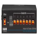 Black Box ICI207A industrial-grade USB hub front view showing 7 high-retention USB Type A downstream ports, status LEDs for each port, and rugged industrial metal housing
