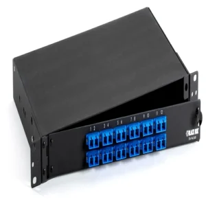 Black Box JPM375A-R2 rackmount fiber enclosure front view showing 1U height panel with fiber adapter ports and snap-in adapter panel configuration