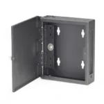 Black Box JPM399A-R2 fiber optic enclosure opened view revealing fiber management spools, adapter panel slots, and organized cable routing features