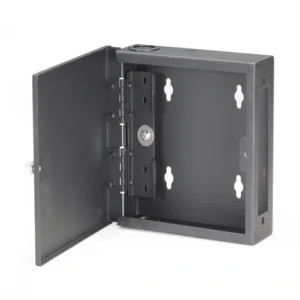 Black Box JPM399A-R2 fiber optic enclosure opened view revealing fiber management spools, adapter panel slots, and organized cable routing features