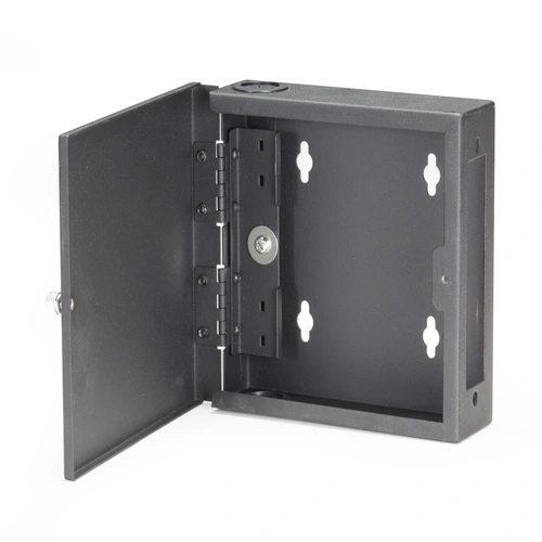 Black Box JPM399A-R2 fiber optic enclosure opened view revealing fiber management spools, adapter panel slots, and organized cable routing features