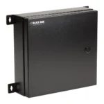 Black Box JPM4001A-R2 NEMA 4 rated fiber optic wallmount enclosure front view showing sealed door with two water-tight cable openings and cold-rolled steel construction