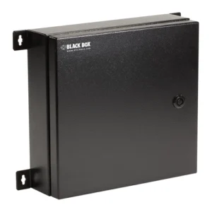 Black Box JPM4001A-R2 NEMA 4 rated fiber optic wallmount enclosure front view showing sealed door with two water-tight cable openings and cold-rolled steel construction