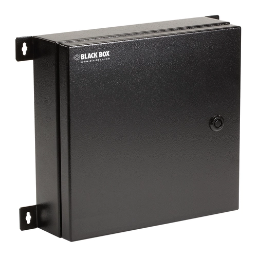 Black Box JPM4001A-R2 NEMA 4 rated fiber optic wallmount enclosure front view showing sealed door with two water-tight cable openings and cold-rolled steel construction