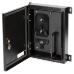 Black Box JPM4001A-R2 NEMA 4 rated fiber optic wallmount enclosure opened view revealing interior space holding up to two fiber adapter panels, area to mount a splice tray, and NEMA 4 rated sealing gasket