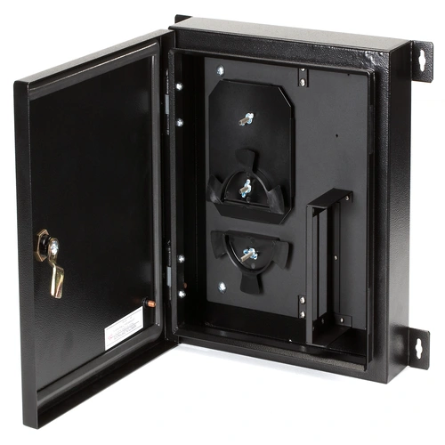 Black Box JPM4001A-R2 NEMA 4 rated fiber optic wallmount enclosure opened view revealing interior space holding up to two fiber adapter panels, area to mount a splice tray, and NEMA 4 rated sealing gasket