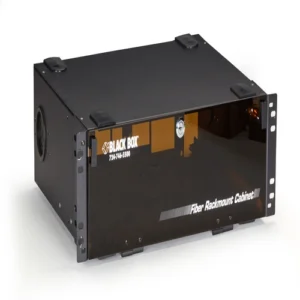 Black Box JPM406A-R6 rackmount fiber enclosure front view showing panel height with fiber adapter ports and adapter panel configuration