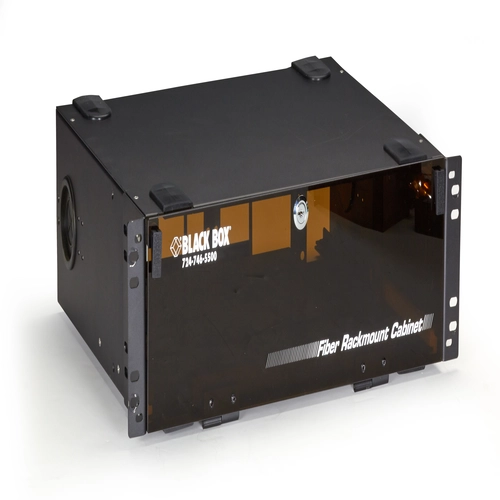 Black Box JPM406A-R6 rackmount fiber enclosure front view showing panel height with fiber adapter ports and adapter panel configuration