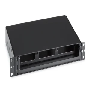 Black Box JPM407A-R5 rackmount fiber enclosure front view with adapter panel slots and lockable door for fiber protection