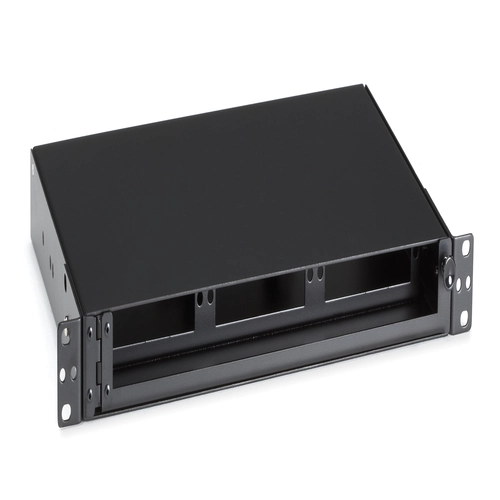 Black Box JPM407A-R5 rackmount fiber enclosure front view with adapter panel slots and lockable door for fiber protection