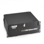 Black Box JPM418A-R5 rackmount fiber enclosure front view with 2U height, lockable PLEXIGLAS front door for dust and dirt protection, and 6-slot adapter panel configuration for high-density fiber terminations