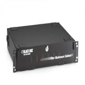 Black Box JPM418A-R5 rackmount fiber enclosure front view with 2U height, lockable PLEXIGLAS front door for dust and dirt protection, and 6-slot adapter panel configuration for high-density fiber terminations