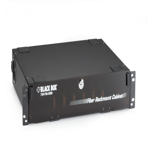 Black Box JPM418A-R5 rackmount fiber enclosure front view with 2U height, lockable PLEXIGLAS front door for dust and dirt protection, and 6-slot adapter panel configuration for high-density fiber terminations