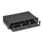 Black Box JPM427A-R2 rackmount fiber enclosure front view with lockable front door, adapter panel slots, and 2U rack-mount form factor