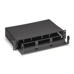 Black Box JPM427A-R2 rackmount fiber enclosure front view with lockable front door, adapter panel slots, and 2U rack-mount form factor