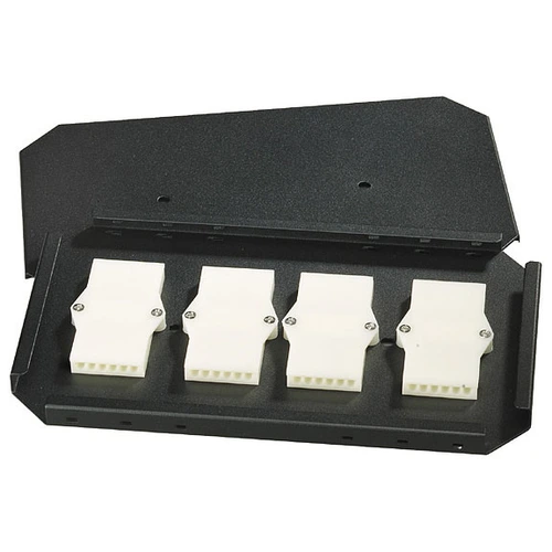 Black Box JPM440A fiber optic splice tray front view showing metal splice cover and fiber management channels for organizing fiber splices