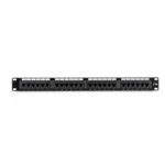 Black Box JPM5E24A CAT5e patch panel front view with 24 RJ45 ports and 1U rack-mount form factor