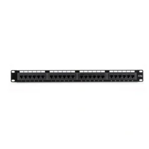 Black Box JPM5E24A CAT5e patch panel front view with 24 RJ45 ports and 1U rack-mount form factor