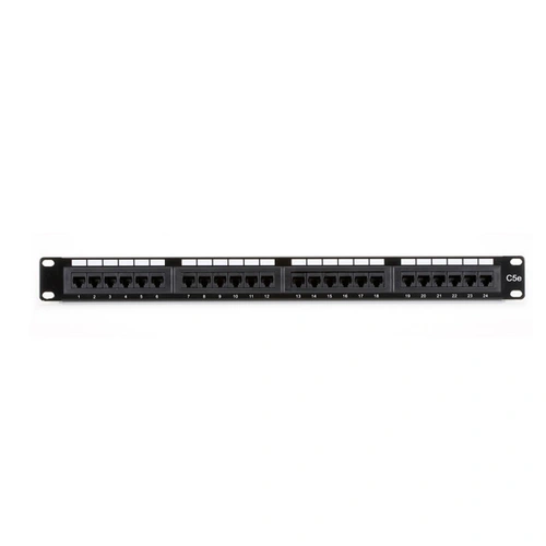 Black Box JPM5E24A CAT5e patch panel front view with 24 RJ45 ports and 1U rack-mount form factor