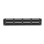 Black Box Connect JPM5E48A CAT5e patch panel front view with 48 RJ45 ports in 2U rack-mount form factor for high-density network patching