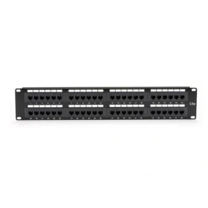 Black Box Connect JPM5E48A CAT5e patch panel front view with 48 RJ45 ports in 2U rack-mount form factor for high-density network patching
