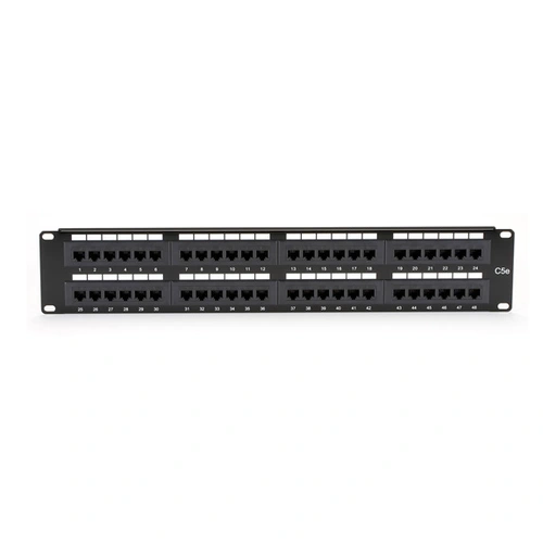 Black Box Connect JPM5E48A CAT5e patch panel front view with 48 RJ45 ports in 2U rack-mount form factor for high-density network patching