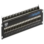 Black Box JPM804A-R2 CAT6 patch panel front view with 24 RJ-45 ports and 1U rack-mount form factor for network patching