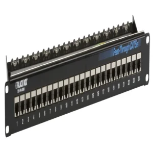 Black Box JPM804A-R2 CAT6 patch panel front view with 24 RJ-45 ports and 1U rack-mount form factor for network patching