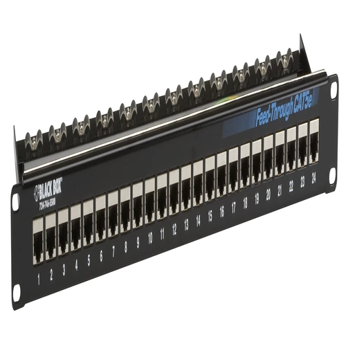 Black Box JPM804A-R2 CAT6 patch panel front view with 24 RJ-45 ports and 1U rack-mount form factor for network patching