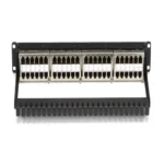 Black Box JPM806A-HD CAT5e feed-through patch panel back view with 48 shielded RJ-45 connectors, detachable cable management bar to support and organize cables attached to the rear of the panel, and drain wires for shielded models