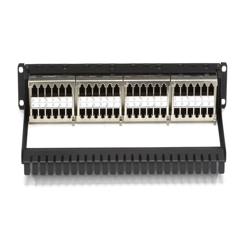 Black Box JPM806A-HD CAT5e feed-through patch panel back view with 48 shielded RJ-45 connectors, detachable cable management bar to support and organize cables attached to the rear of the panel, and drain wires for shielded models